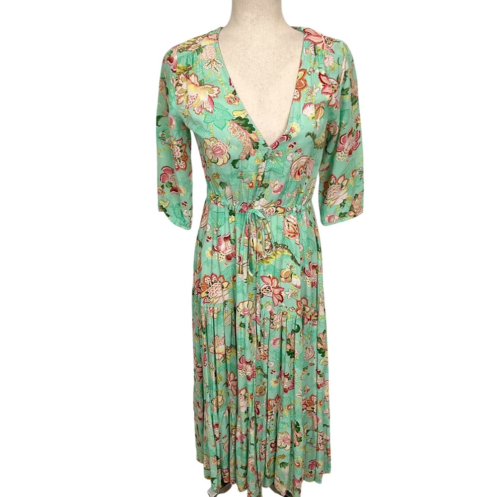 Sunday Mi Amor Dress Womens XSmall Mint Green Floral Boho Tiered Maxi